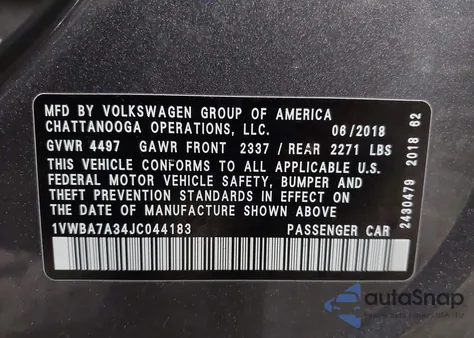 2018 Volkswagen Passat 2.0T Se из США, поврежденный, VIN 1VWBA7A34JC044183